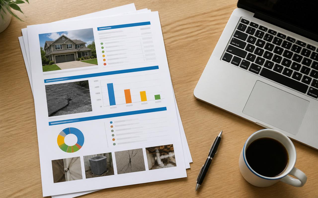 Detailed mold inspection report with lab results, photos, and charts reviewed next to a laptop.