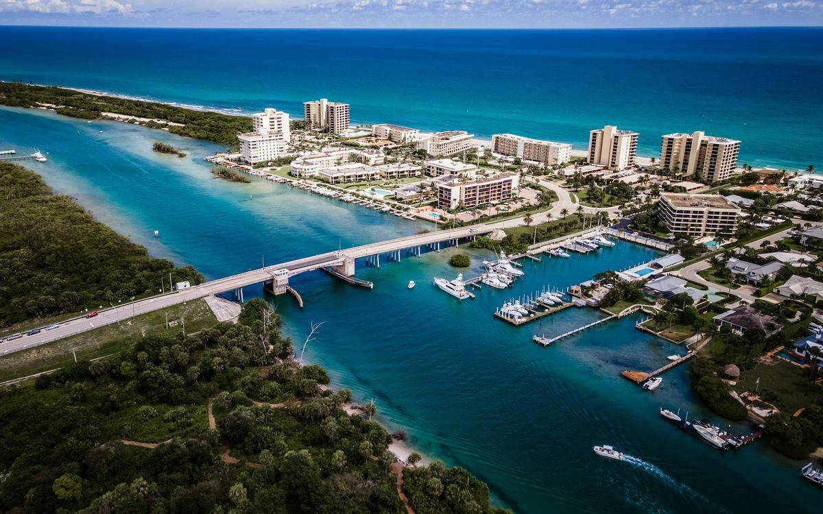 Aerial view of the Jupiter Inlet, marina and surrounding buildings