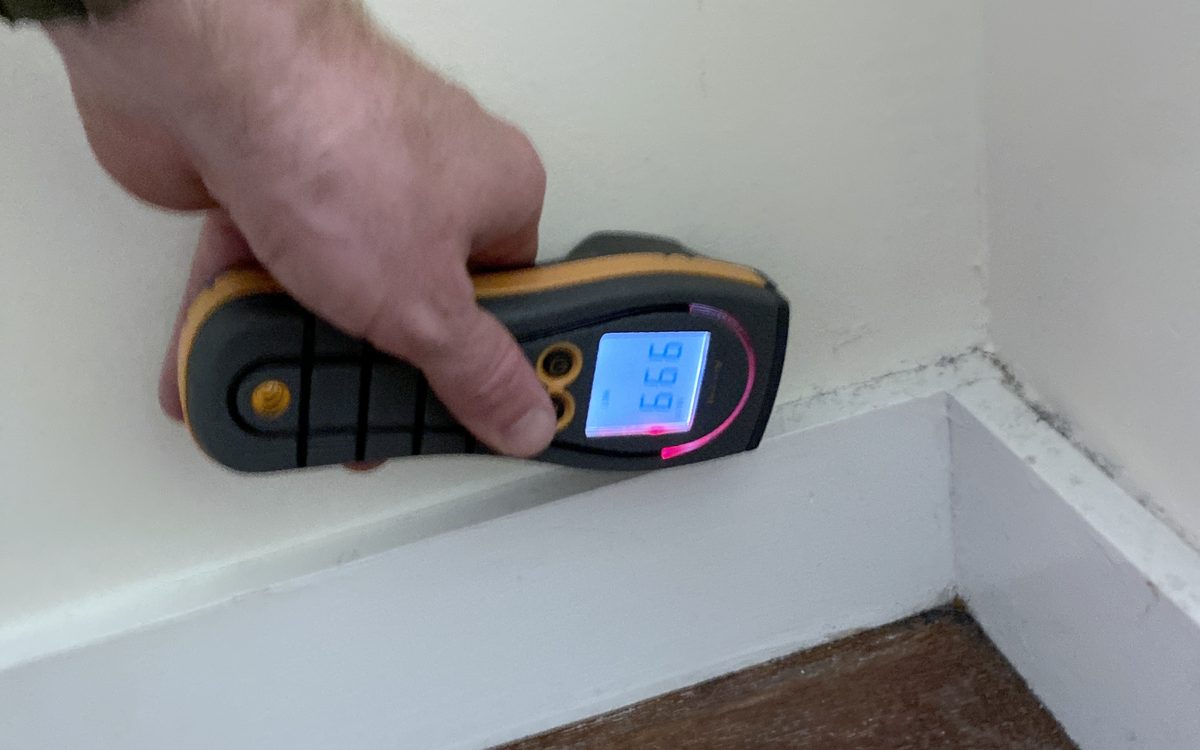 Mold inspection in Lake Worth Beach, FL: Moisture meter checked at a baseboard above wood flooring
