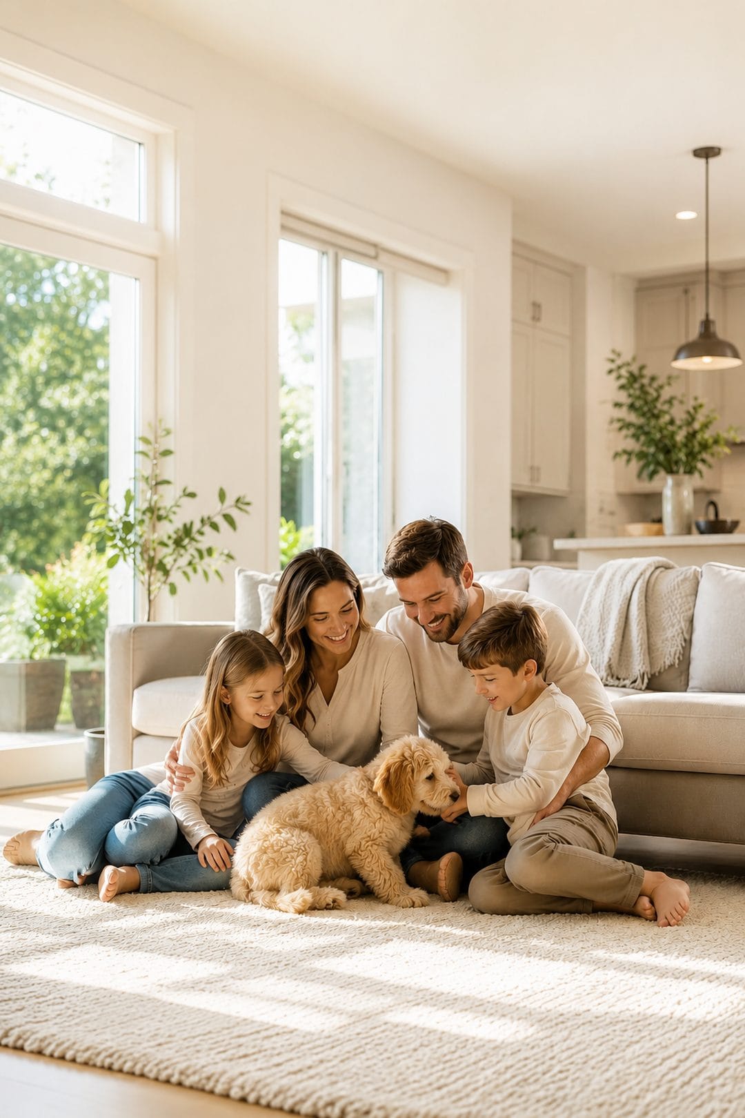 A family with two children and a golden doodle puppy relaxing in a bright, sunlit South Florida living room.