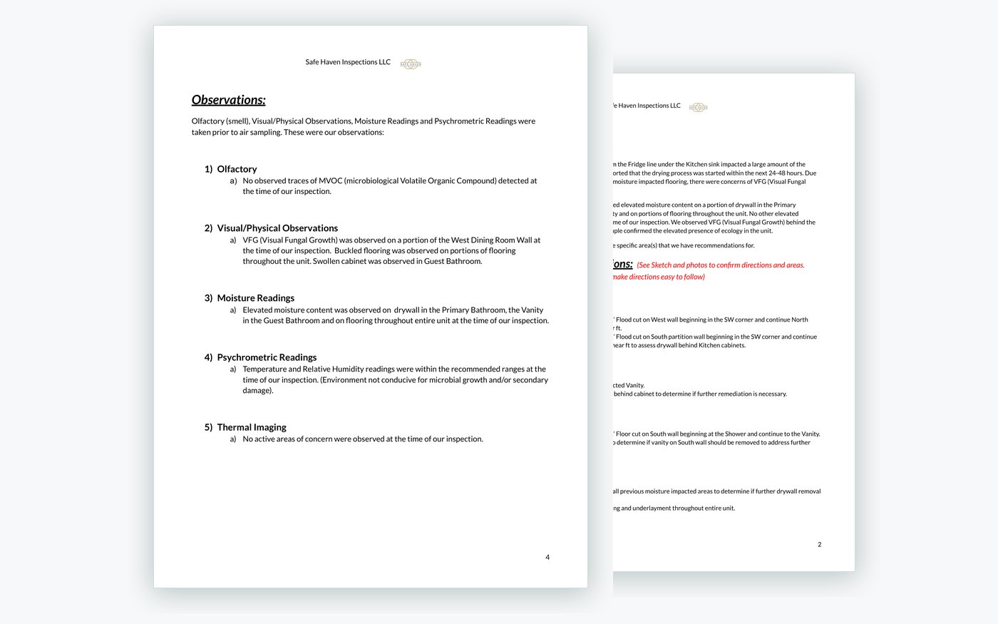 Two pages of a Safe Haven mold assessment report, showing the observations section and the specific recommendations section