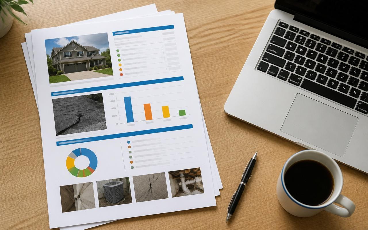 Detailed mold inspection report with lab results, photos, and charts reviewed next to a laptop.