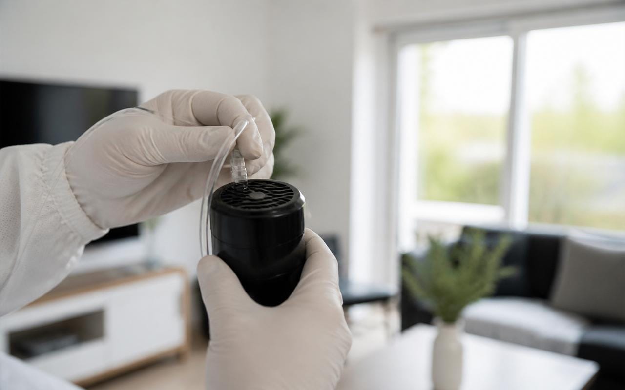 Certified inspector collecting an air sample with a spore trap cassette during indoor mold testing in a South Florida home.