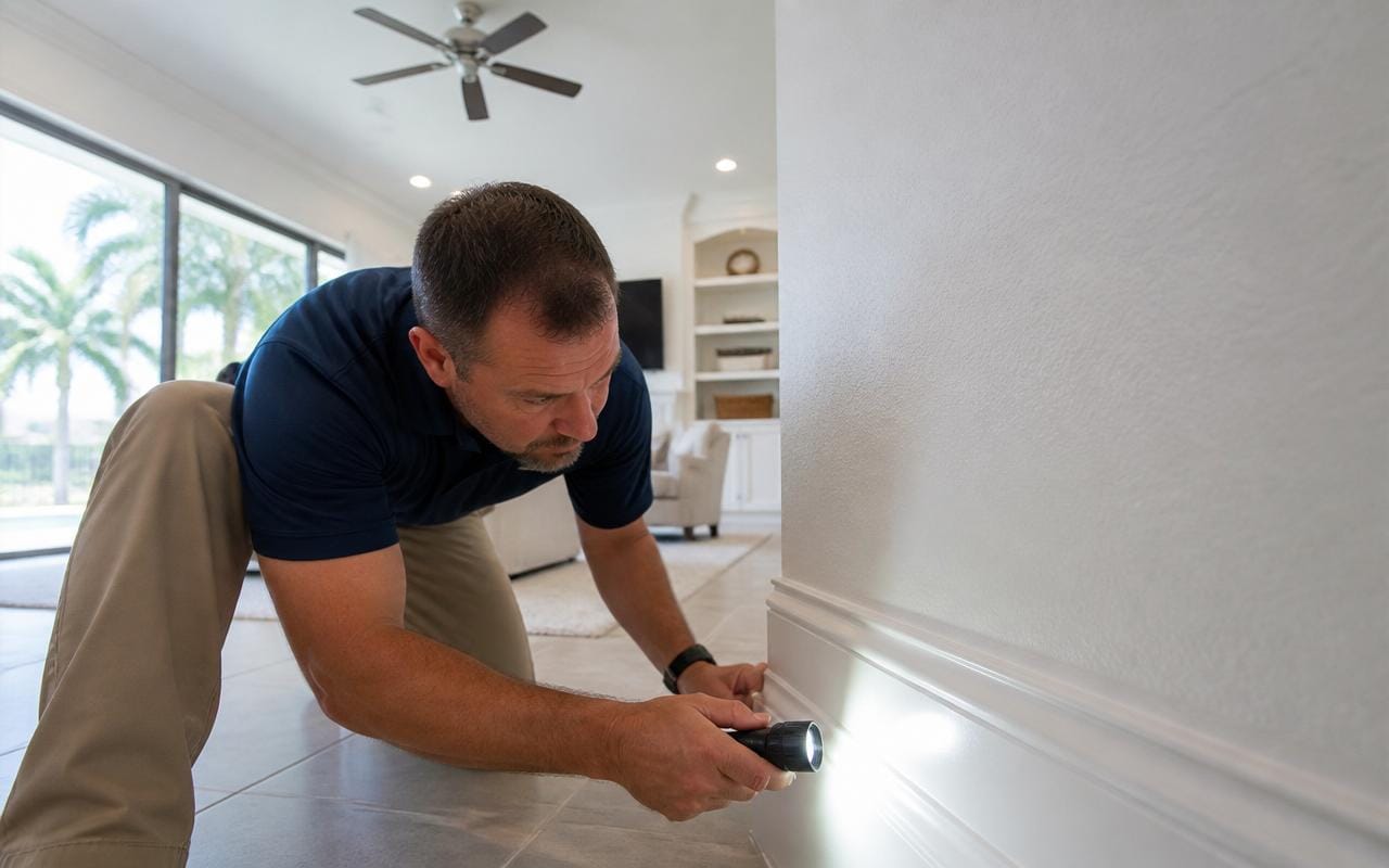 Licensed mold inspector kneeling to examine a baseboard with a flashlight during a residential mold inspection.